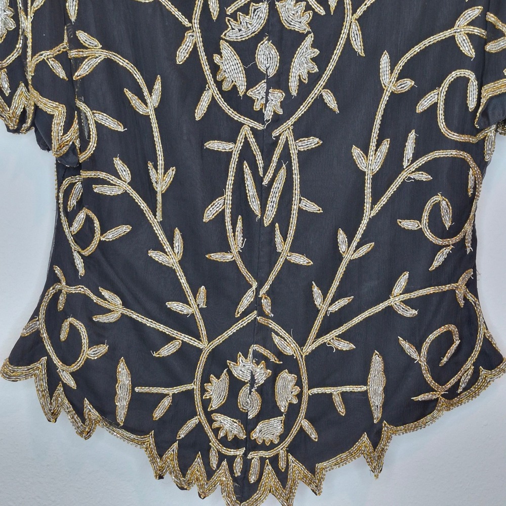 Vintage Beaded Silk Laurence Kazar Evening Top Gold Glam Maximalist Costume Sz L - Picture 9 of 12